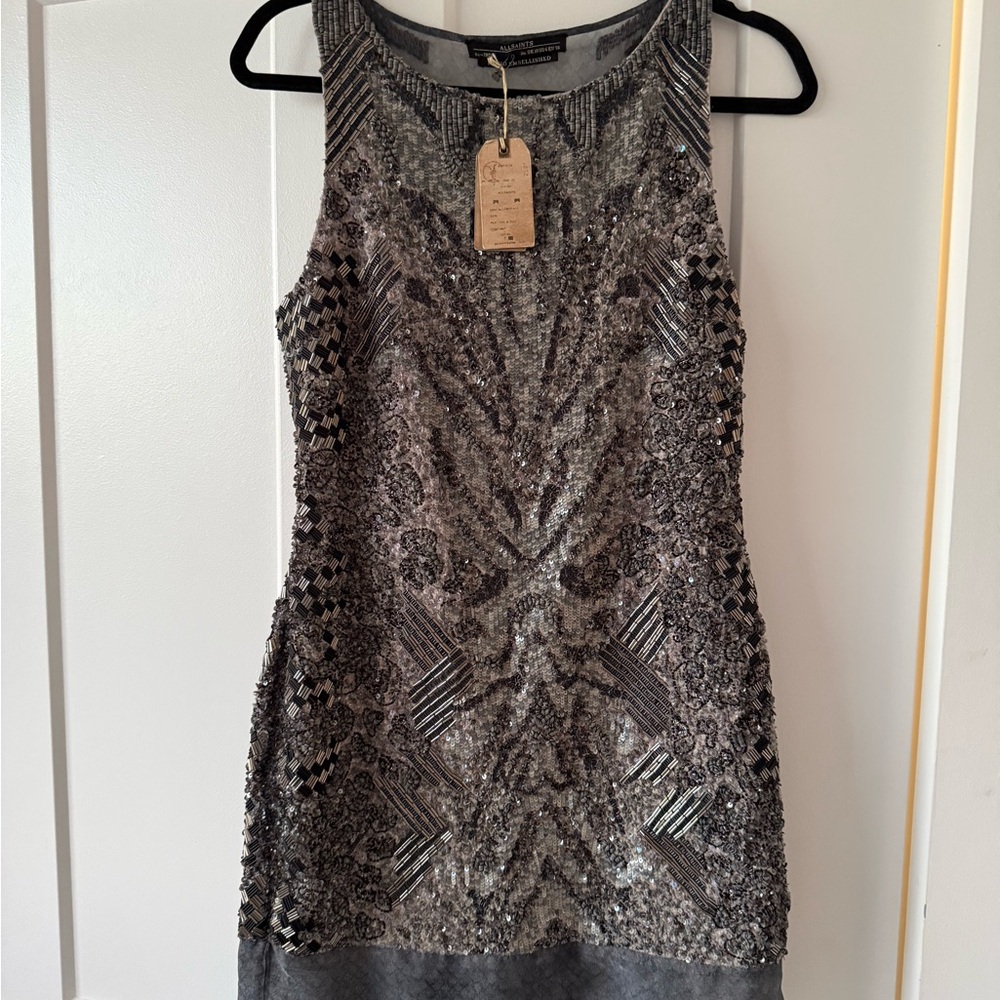 AllSaints Silver Sequined Beaded Top